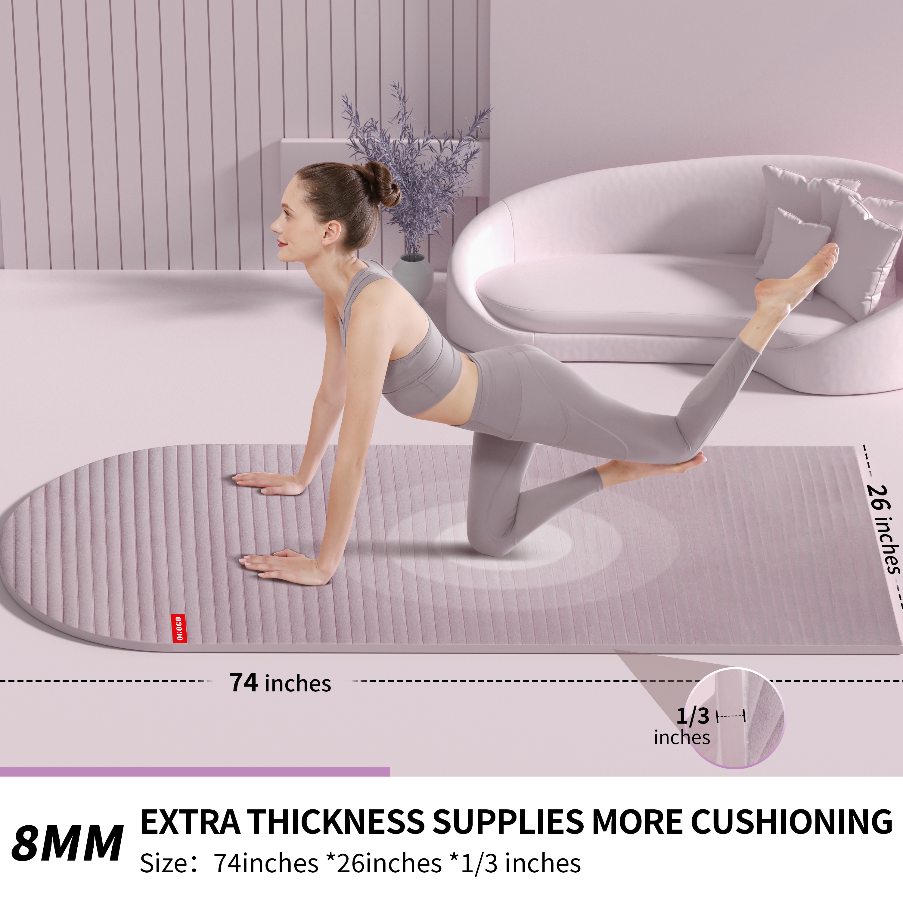 OGOGO Yoga Mat with Suede Finish, Extra Long and Wide 74 x 26 x 1/3 Thick POE Material, Wavy Texture Non-Slip Design, Reinforced Edges, Includes Carrying Strap